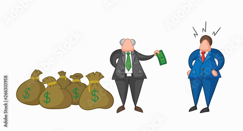 Hand-drawn vector boss has a lot of money with sacks and pays one money to his businessman worker