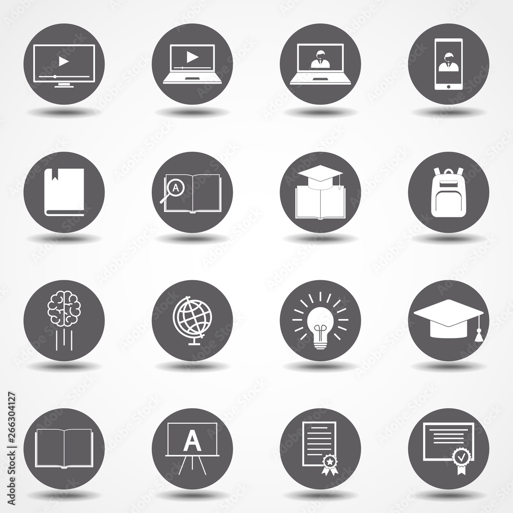 e-learning 16 simple vector icons set on background