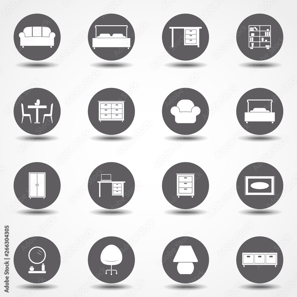 Set of vector isolated black icon - vector bed, office chair, bedroom upholstered furniture, restaurant table and more. Set of vector isolated black icon - vector bed, office chair, bedroom upholstered furniture, restaurant table and more.