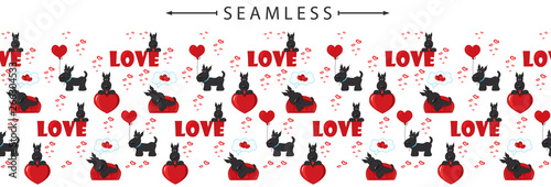 Romantic vector horizontal seamless border with dogs and hearts for Valentines day