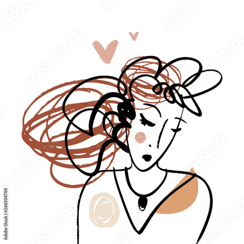 Girl fashion sketch. Simple hand drawn line portrait face art. Print for clothes, textile and other. Vector illustration