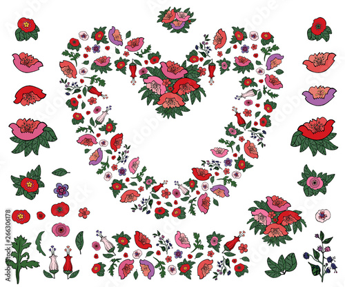 Beautiful heart made of poppies and tulips with endless border isolated on white background