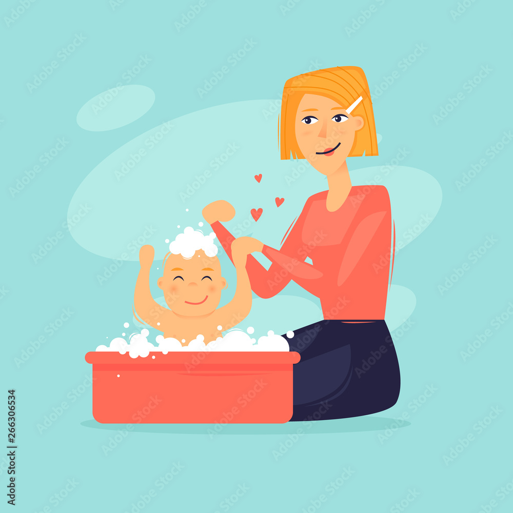Mom washes the baby. Baby hygiene. Flat design vector illustration. 
