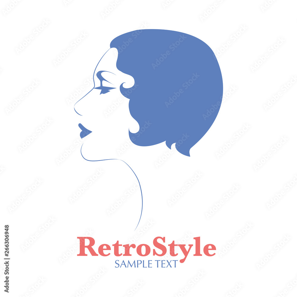 Icon or avatar of woman face in profile position and hairstyle of the 20s or 30s, isolated on white background