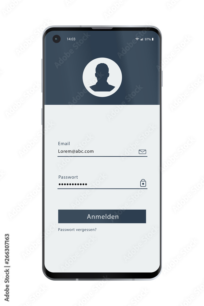Smartphone - Bildschirm Anmeldung UI Konzept grau