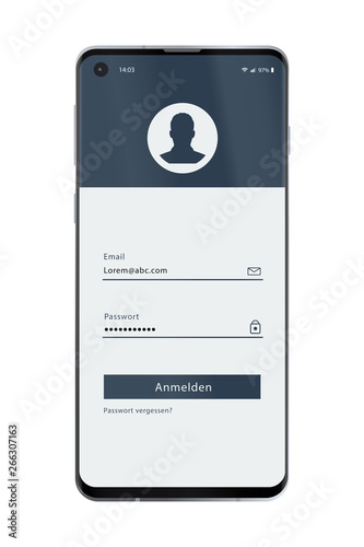 Smartphone - Bildschirm Anmeldung UI Konzept grau