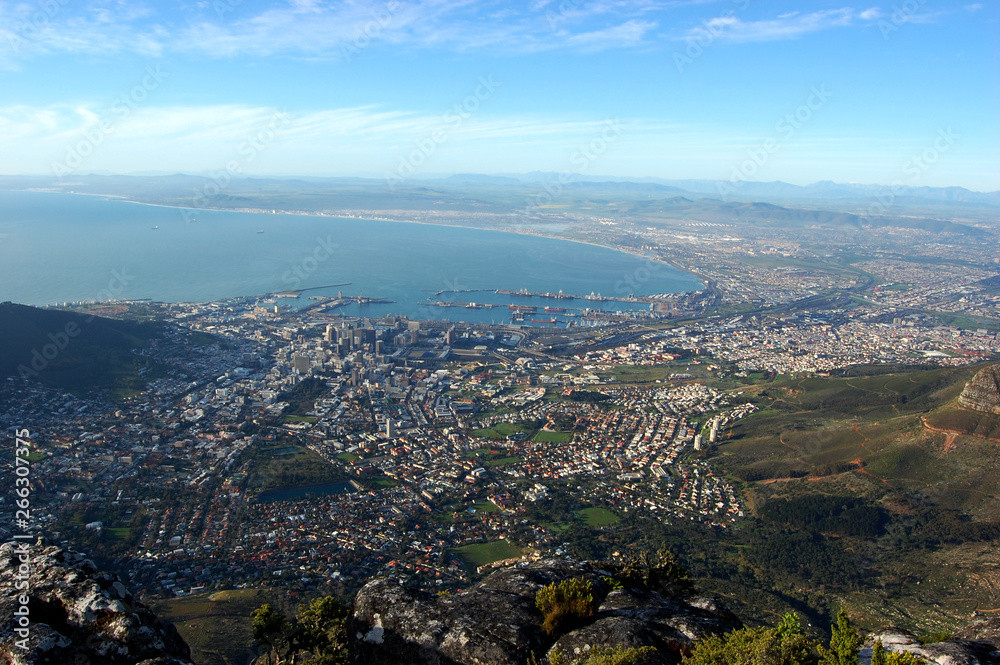 View on the city from Table Mountain, South Africa, Cape Town, with the ocean and mountains and the sky