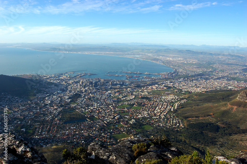 View on the city from Table Mountain, South Africa, Cape Town, with the ocean and mountains and the sky