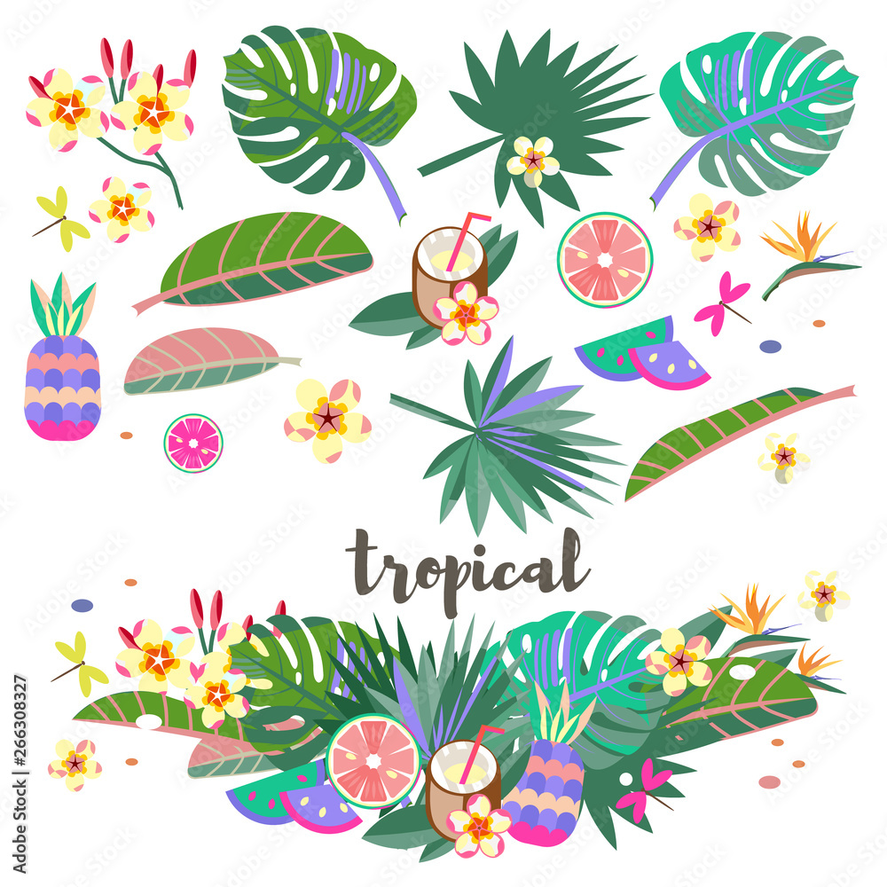 Tropical flowers and leaves. Exotic fruits. Caribbean colors. Design and pattern