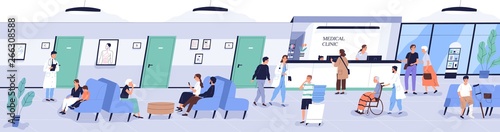 Reception area of medical center or hospital with people or patients waiting for doctor's appointment. Men, women and children at physician's office or clinic. Flat cartoon vector illustration.