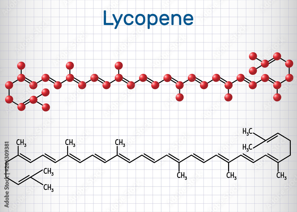 Lycopene molecule. Structural chemical formula and molecule model. Sheet of paper in a cage