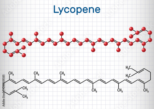 Lycopene molecule. Structural chemical formula and molecule model. Sheet of paper in a cage