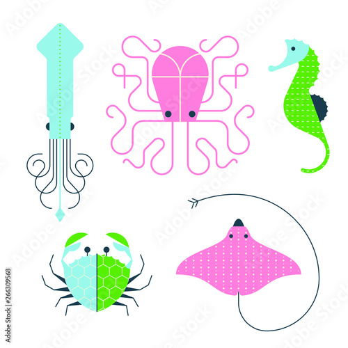 Five flat graphic vector sea creatures, including Octopus, Squid, Seahorse, Crab and Stingray
