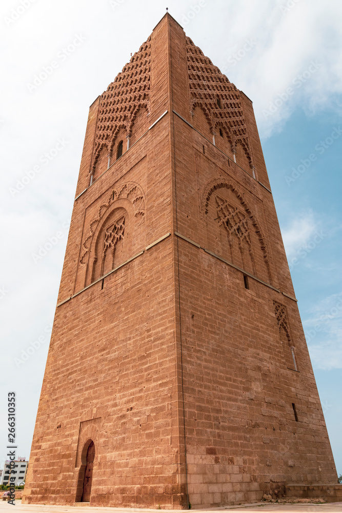 low angle view of Hassan Tower in Rabat, Morocco