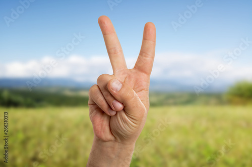 Obraz na plátně Man showing peace or victory sign
