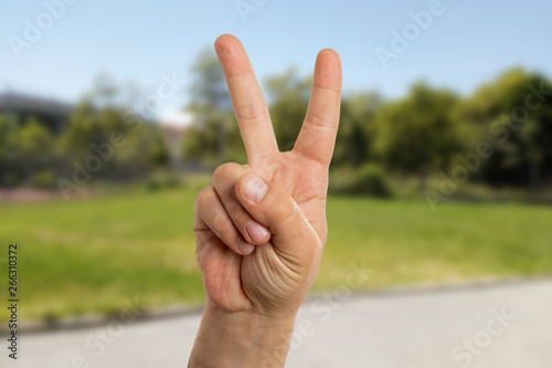 Closeup of man making peace or victory gesture © Thunderstock