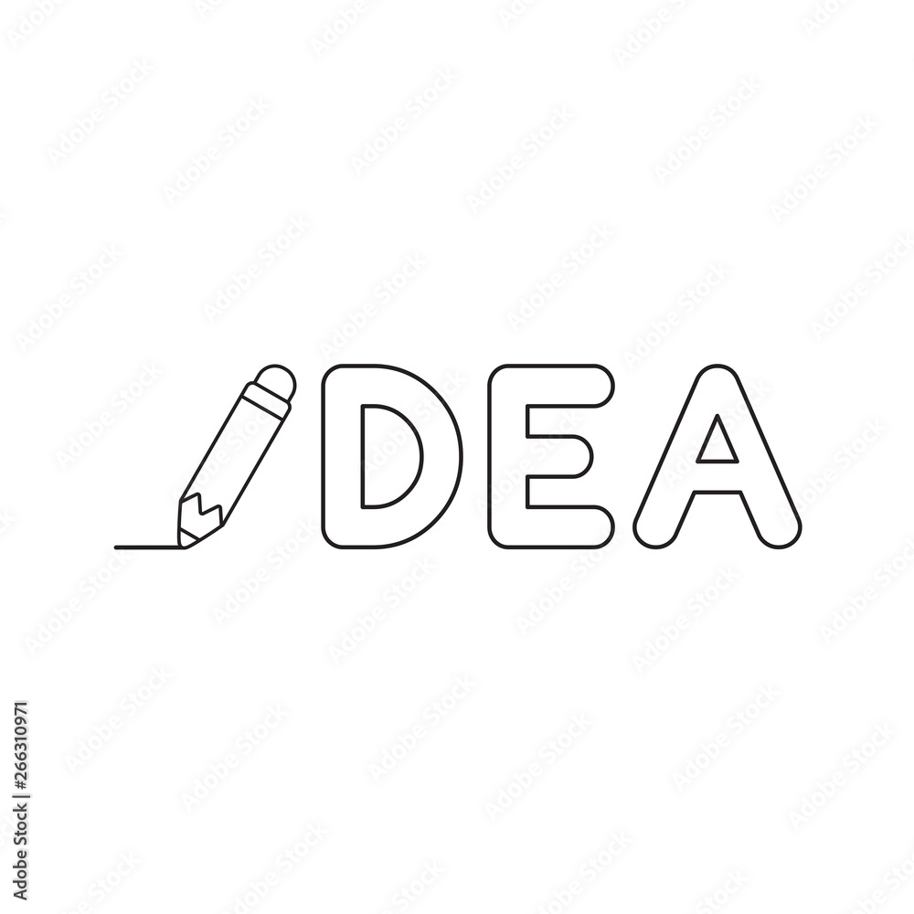 Vector icon concept of idea word with pencil drawing line. Black outline. Vector icon concept of idea word with pencil drawing line. Black outline.
