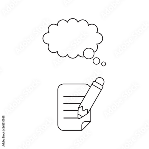 Vector icon concept of pencil writing on paper with thought bubble. Black outline.