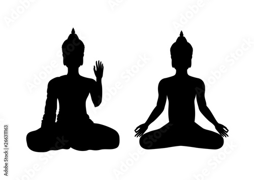Sitting Buddha black silhouette icon vector. Buddha icon set vector. Sitting Buddha design element isolated on a white background. Two Buddhas vector