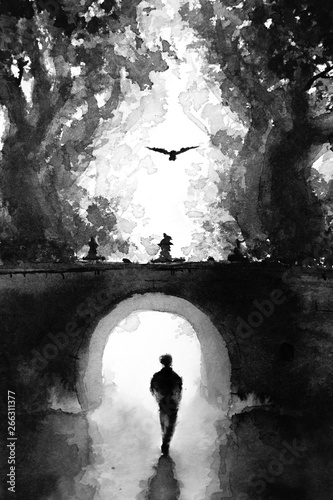 Original hand drawn ink painting of a person walking alone under a bridge surrounded by trees with a lonely bird flying overhead. Black and white