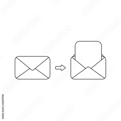 Vector icon concept of closed and open envelopes with blank paper. Black outline.
