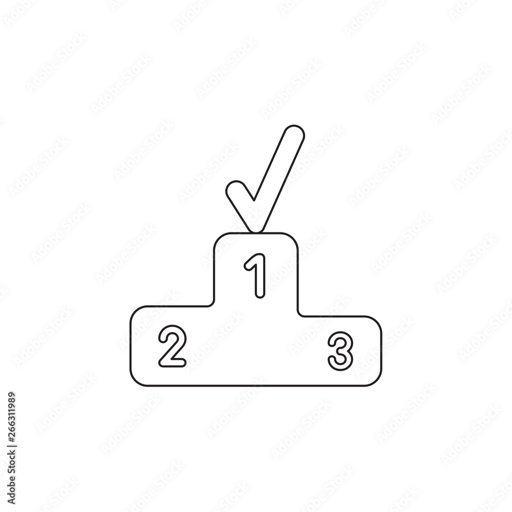 Obraz premium Vector icon concept of check mark on first place of winners podium. Black outline.