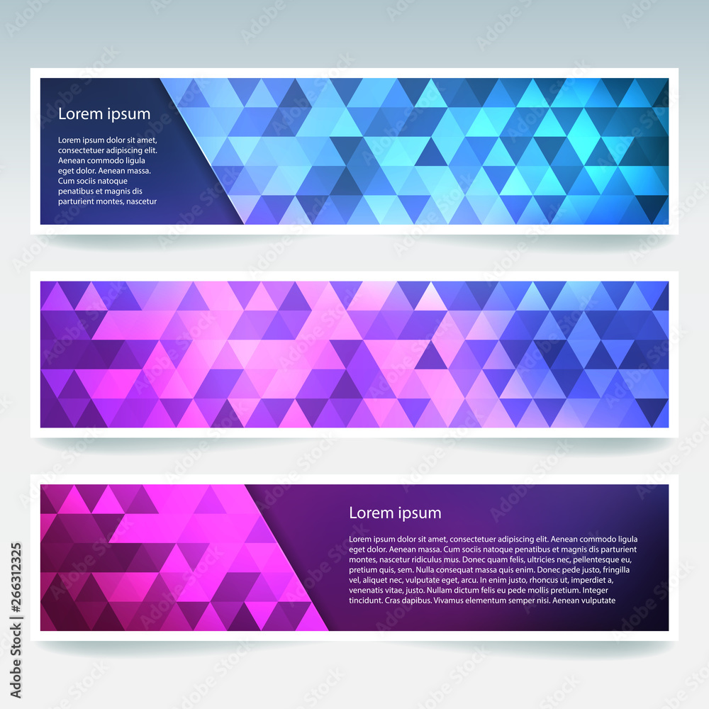 Abstract banner with business design templates. Set of Banners with polygonal mosaic backgrounds. Geometric triangular vector illustration. Blue, pink colors.