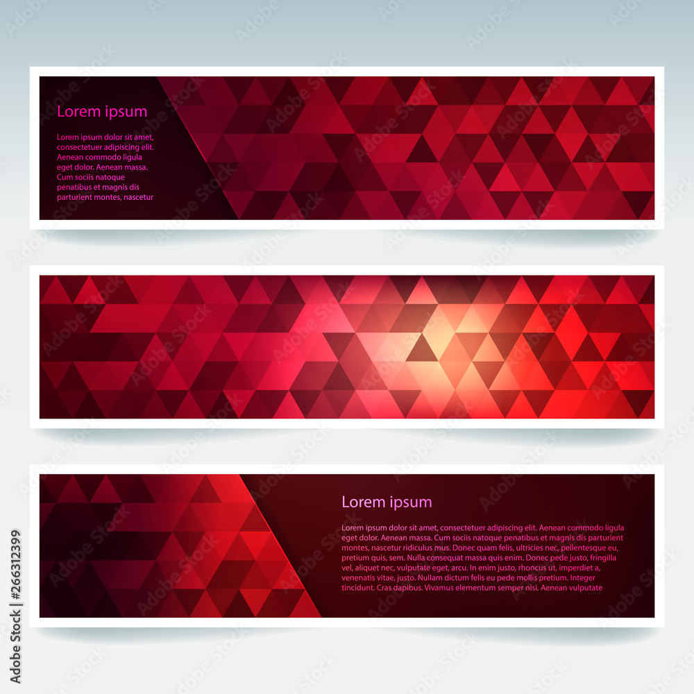 Horizontal banners set with polygonal triangles. Polygon background, vector illustration. Red, purple colors. Horizontal banners set with polygonal triangles. Polygon background, vector illustration. Red, purple colors.