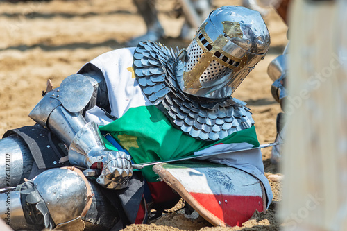 Smederevo, Serbia - May 02, 2019: The Battle of the Nations – the world championship in national historical medieval battles. Knights In Fight With Sword and ax. Fighting knights.