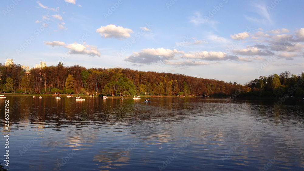 Beautiful view of the lake with boats and catamarans in the park