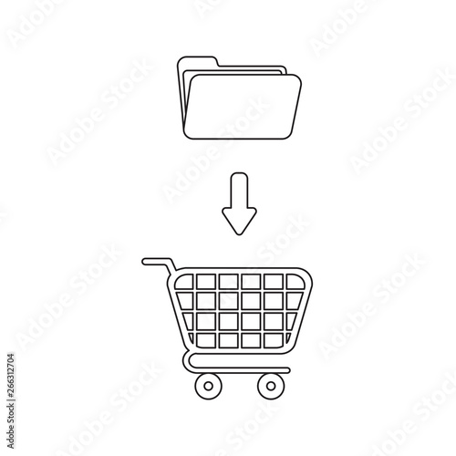 Vector icon concept of open folder into shopping cart. Black outline.