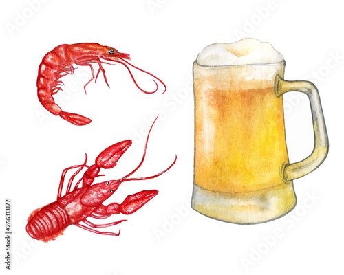 watercolor illustration with beer and sea food. Shrimp and crayfish. Light beer - summer drink
