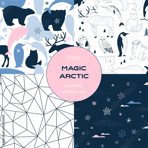 Icy Antarctic nature pattern set. Camouflage style background with Polar Bear Walrus Penguin Narwal Seal Reindeer Whale Arctic Fox Owl silhouette. Arctic Wildlife Creatures print in Scandinavian style