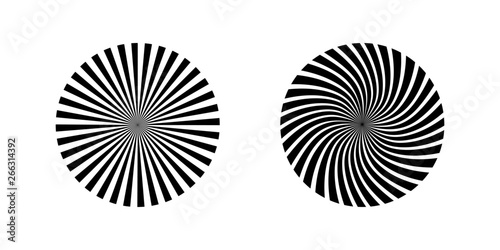 Two Black Sun rays icons isolated on white background. Sun icons in circle and spiral design