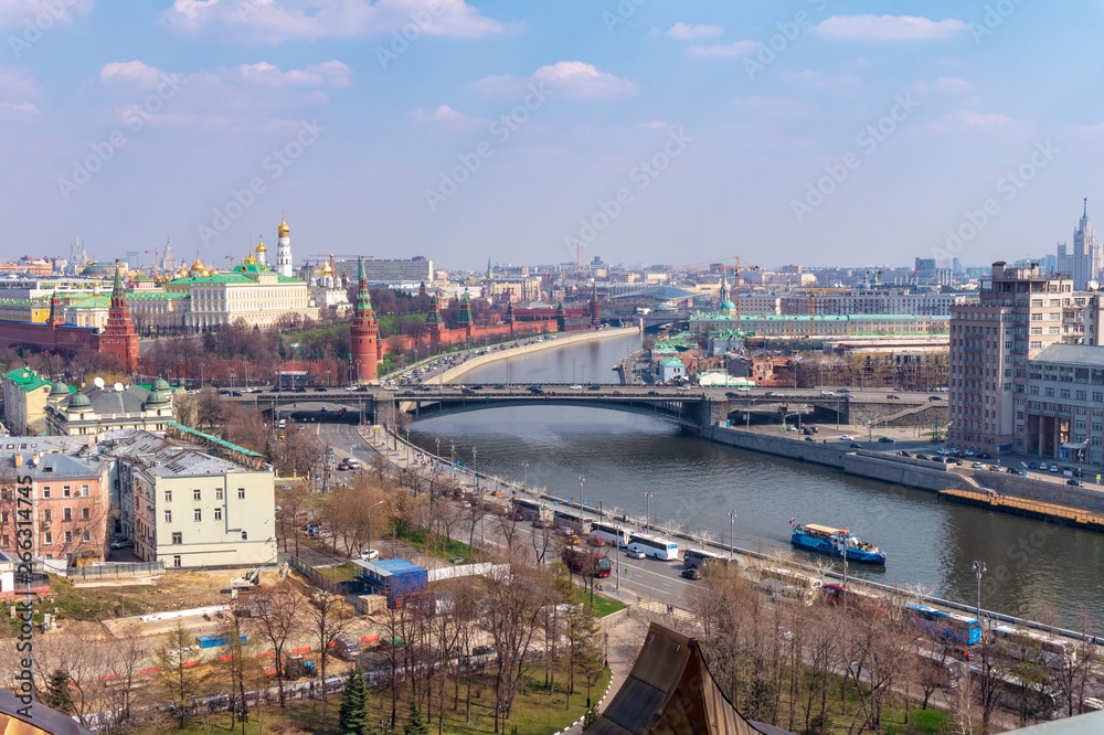 panoramic view of the Moscow river and the Kremlin from the observation platform of the cathedral of Christ the Savior in Moscow, Russia