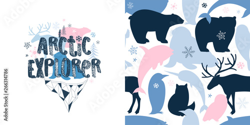 North Pole wildlife childish fashion textile graphics set with t-shirt print and accompanied tileable background. Arctic Explorer typographic print with polar animals and iceberg silhuette