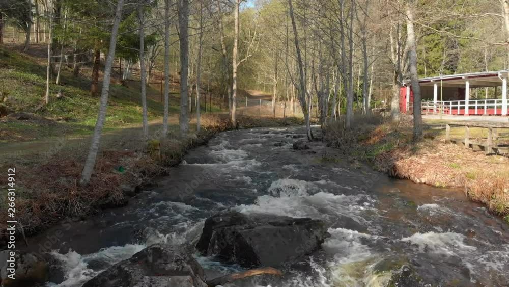 Drone footage flying really close to a fast flowing stream of white foamed water with some big rocks getting closer. Filmed in realtime at 4K.