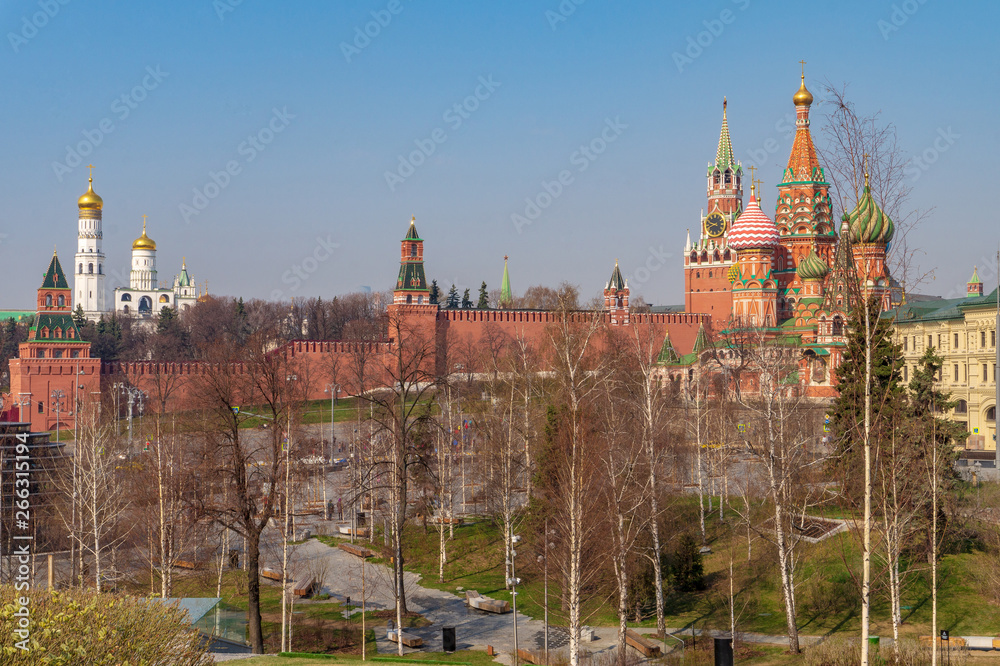Panoramic view to Kremlin and St. Basil the Blessed from the Zaryadye park in Moscow, Russia Panoramic view to Kremlin and St. Basil the Blessed from the Zaryadye park in Moscow, Russia