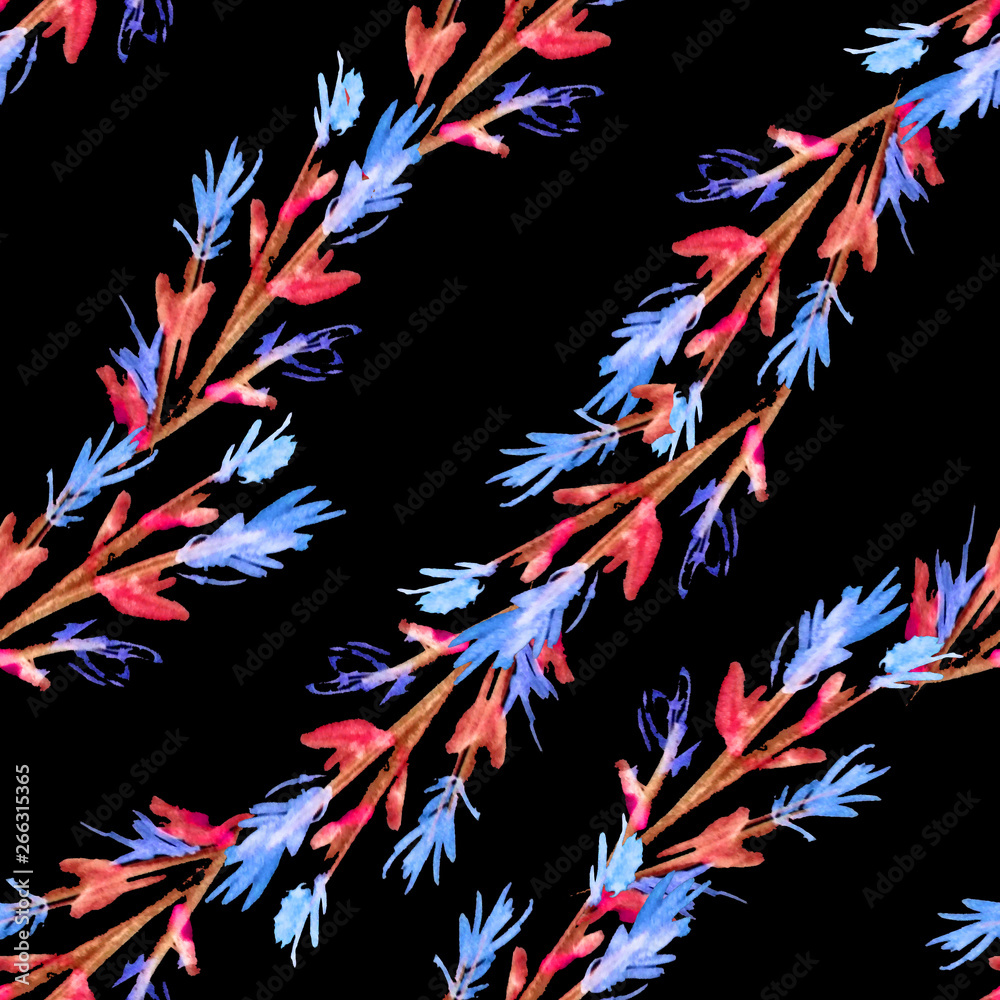seamless pattern of flowers painted watercolor. Colorful flowers, twigs and leaves. Black background. Print for fabric, wallpaper and textiles.
