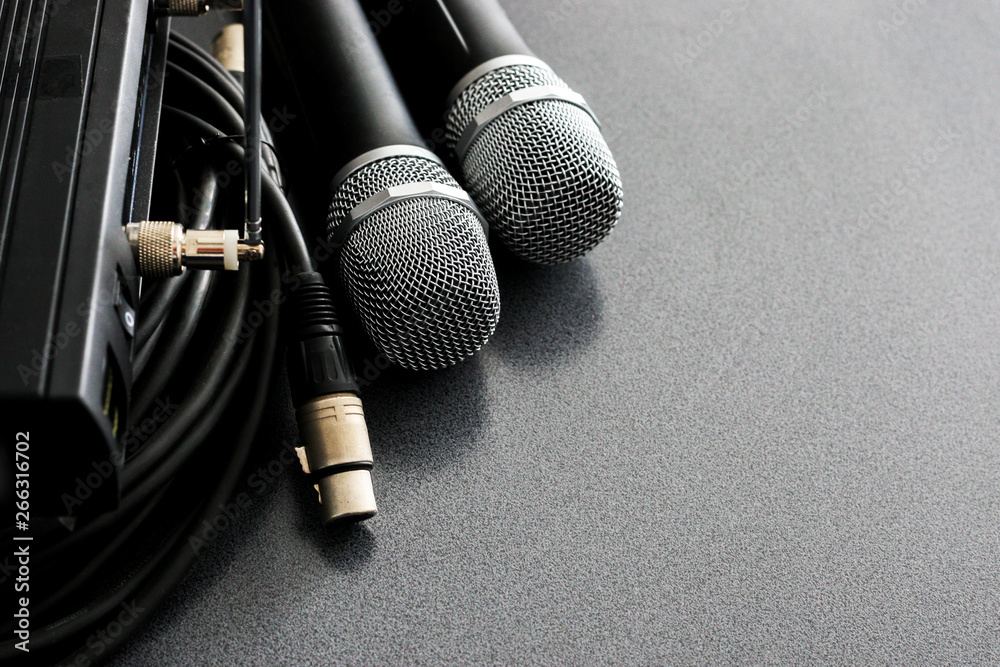 Obraz premium radio microphones. wireless sound transmission system. soft focus. Two mics