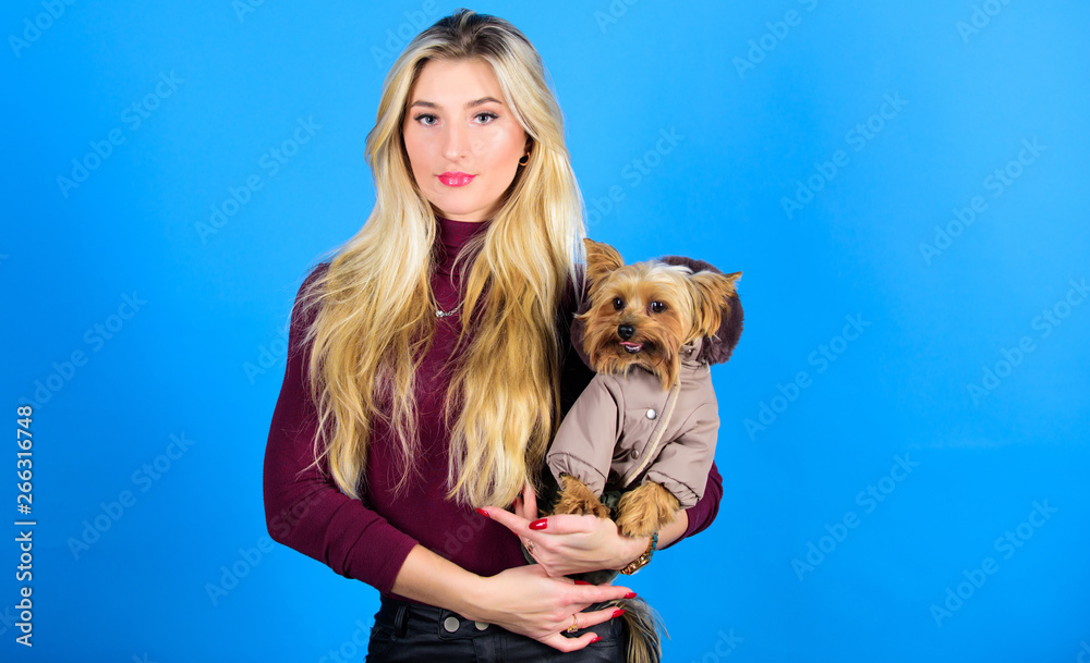 Woman carry yorkshire terrier. Dogs need clothes. Girl adorable blonde hug little dog in coat. Apparel and accessories. Pet supplies. Dressing dog for cold weather. Which dog breeds should wear coats Stock Woman carry yorkshire terrier. Dogs need clothes. Girl adorable blonde hug little dog in coat. Apparel and accessories. Pet supplies. Dressing dog for cold weather. Which dog breeds should wear coats Stock