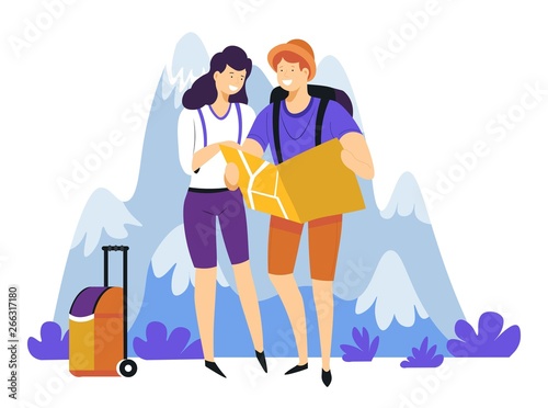 Tourism hiking couple with backpacks suitcase and map in mountains