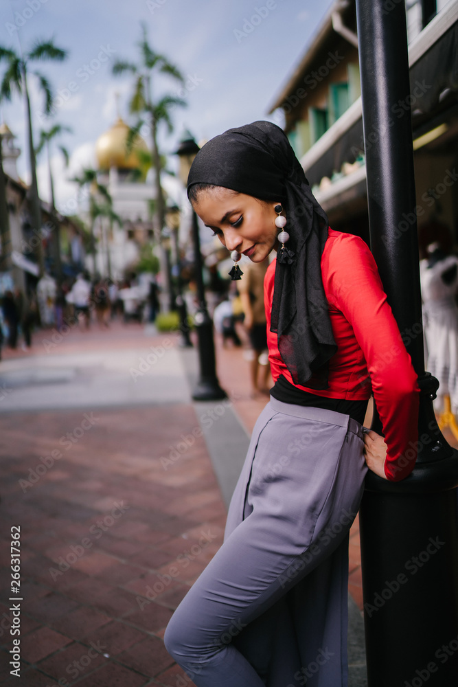 Obraz premium An excellent, upscale and rich Muslim Middle Eastern lady in a brilliant outfit and hijab headscarf inclining toward a shaft on a road. There is a mosque out of sight.