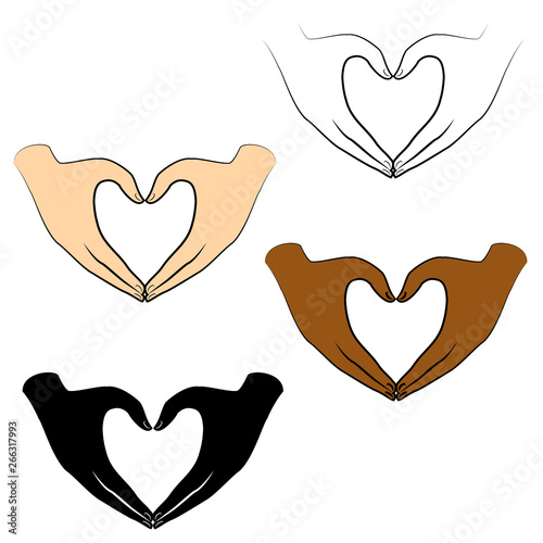 Collection. Human hands are folded in the shape of a heart. People of different nationalities. Valentine s Day. Vector illustration set