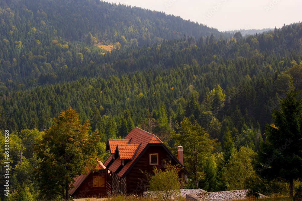 Tara Mountain, Serbia. Wooden house in the mountains, beautiful view of the mountains and the forest. Sunset