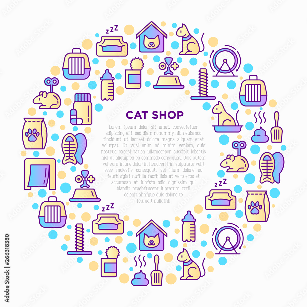Cat shop concept in circle with thin line icons: bags for transportation, hygiene, collars, doors, toys, feeders, scratchers, litter, shack, training. Modern vector illustration for print media.