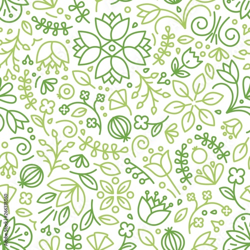 Seamless pattern with blooming plants drawn with green contour lines on white...
