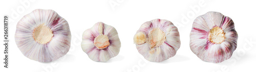 A few heads of garlic from the back on a white isolated background. Close-up. Element for design, print or web.