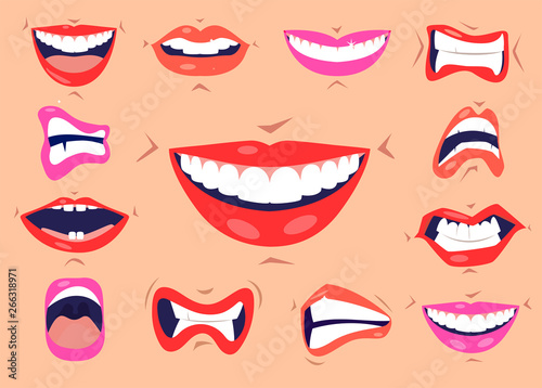 Cartoon cute mouth expressions facial gestures set with pouting lips smiling sticking out tongue isolated vector illustration. Smiles and lips icons set.