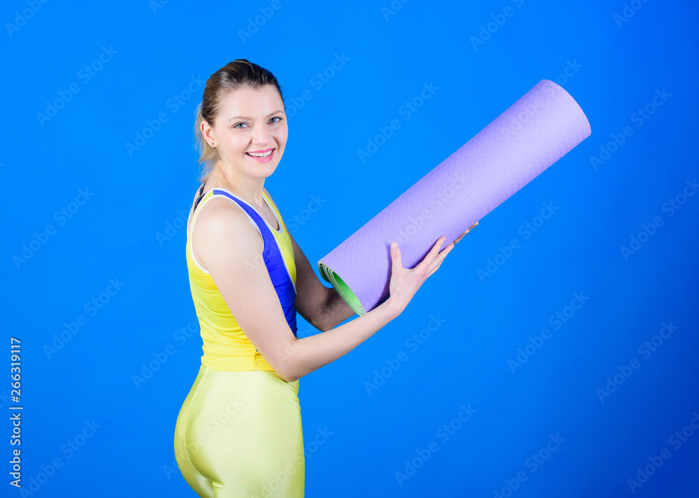 Working over her dream body. Sporty woman training in gym. Sport mat equipment. Athletic fitness. Happy woman workout with fitness mat. Health diet. Success. Strong muscles and power